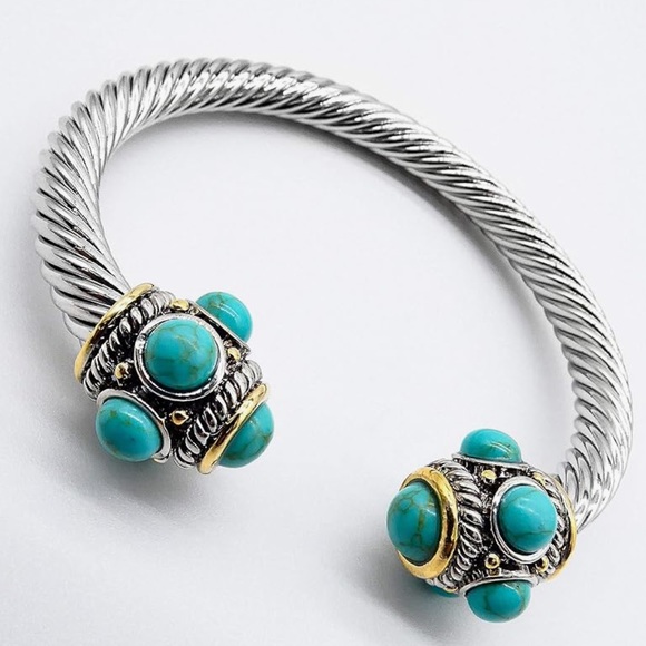 Designer Inspired Jewelry - Designer Inspired Turquoise Stone Beads Tips Silver Cable Cuff Twist Bracelet